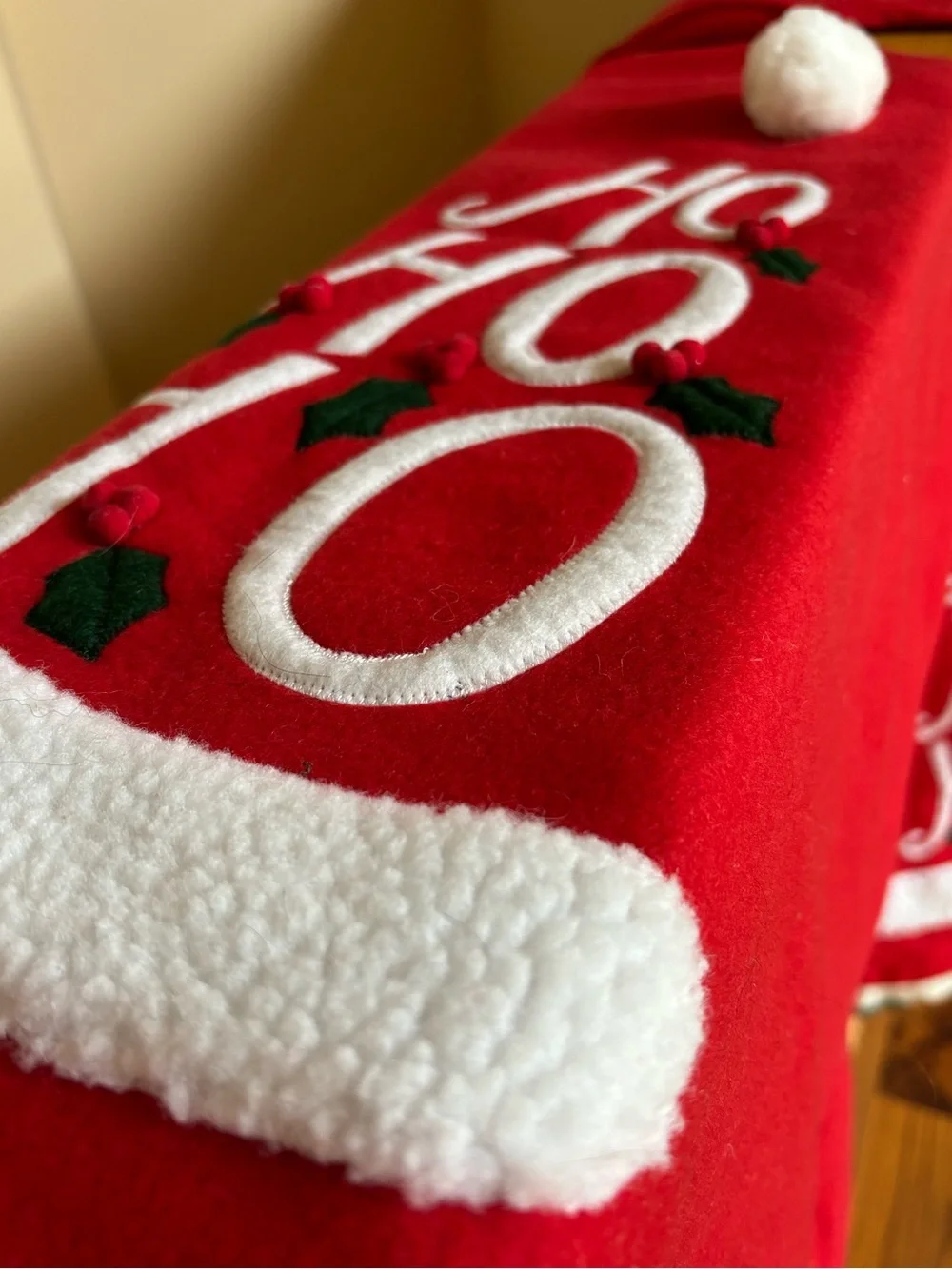 Vintage Felt Tree Skirt, Ho Ho Ho Design PomPoms 52” XL Red White Santa Hats